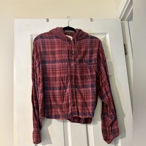 Burgandy/navy Plaid Button-Up Hoodie American eagle 2xl shirt